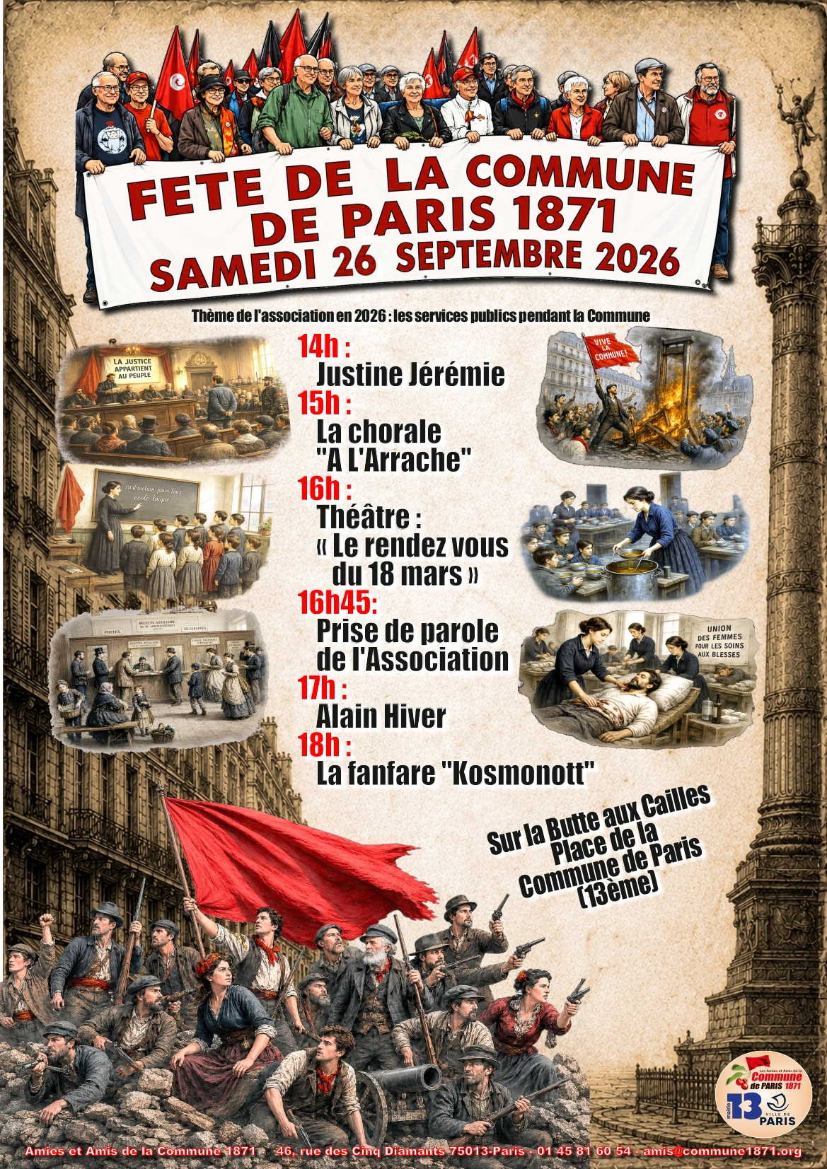 affiche. en haut titre dans une banderole de manif, portée par des personnes. 6 vignettes illustrant les services publics. texte de l’événement. dessin de baricade en bas.
